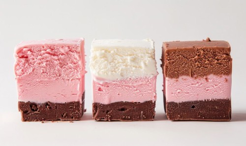 Three-color ice cream slices on white background AI generated