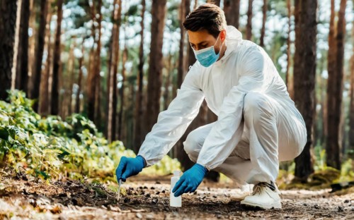 Securing evidence at a crime scene in the forest, KTU, forensic investigation by the criminal