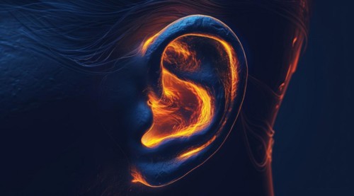 Digital representation of a human ear with glowing orange edges on a blue background, ai generated,