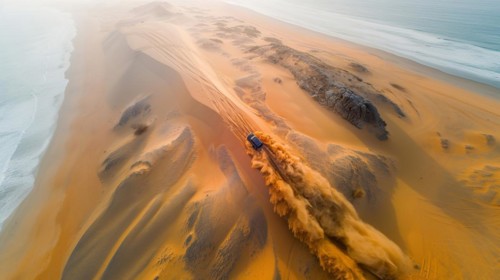 Golden hour lighting up a vehicle trail along the desert dunes, drone aerial shot, follow mode, ai
