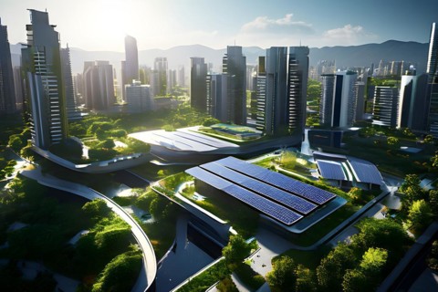 Conceptual futuristic sustainable city replete with green rooftops and integrated solar panels, AI