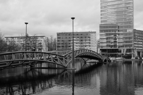 Building and bridge in the Mediapark, black and white, Cologne, Germany, Europe