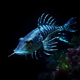 Viperfish swimming in deep ocean depths with bioluminescent spots emanating a ghostly luminescence,