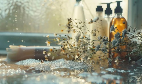 Bathtub surface with bubbles, water, and a range of bath amenities in a tranquil setting AI
