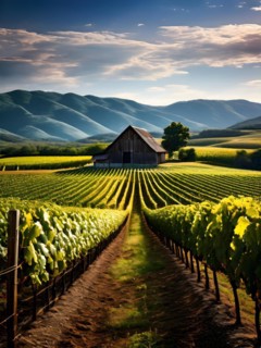 Vineyard at peak season grapevines in orderly rows, AI generated
