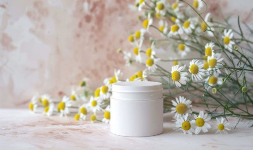 Blank cosmetic jar mockup placed on an elegant watercolor chamomile background, skin care and