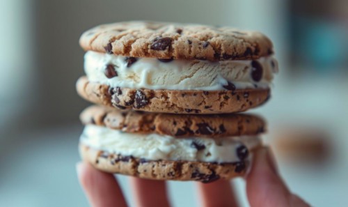 Ice cream sandwich with cookie crunch, closeup AI generated
