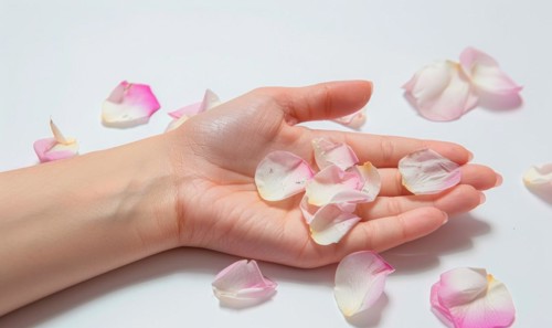 Woman's hand on white background with flower petals around AI generated