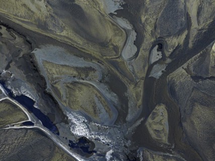 Overgrown river landscape, Eldhraun, near Kirkjubaejarklaustur, drone image, Sudurland, Iceland,