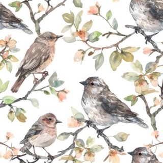 Seamless watercolor pattern with bird illustrations in graceful pastel tones AI generated
