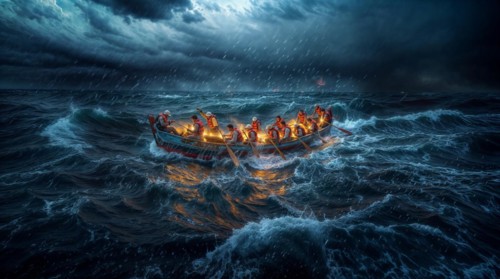Illuminated boat with a group wearing life jackets rowing through ocean waves at night, AI