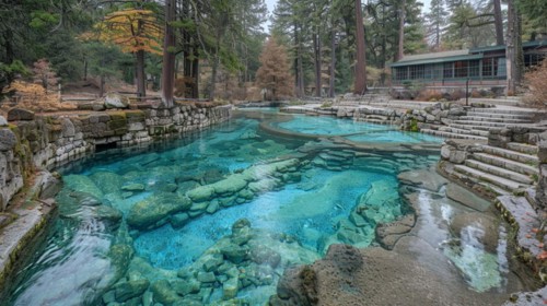 Clear thermal pool surrounded by a tranquil forest environment, relaxation, recreation, serenity,