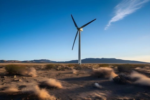 Wind turbine standing idle in a still lifeless desert representing the challenges of transitionion,