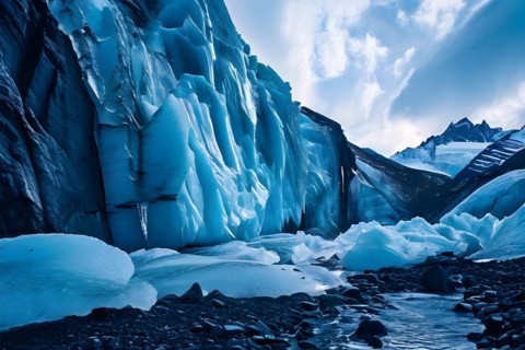 Glacier fractures embracing the deep crevasses indicative of rapid melting under a subdued sky, AI