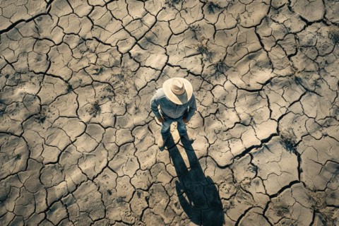 A farmer stands on a parched, cracked earth surface, due to lack of water, drought, extreme