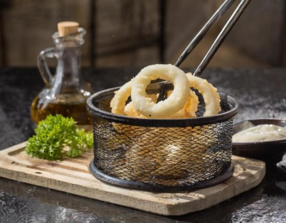 Food, calamari, squid, squid rings from the deep fryer, AI generated, AI generated