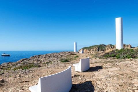 Modern outdoor furniture, benches at the Mirador de les Malgrats viewpoint near Santa Ponca or