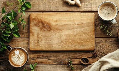 A top-down view of a coffee cup with intricate latte art on a wooden surface with herbs AI