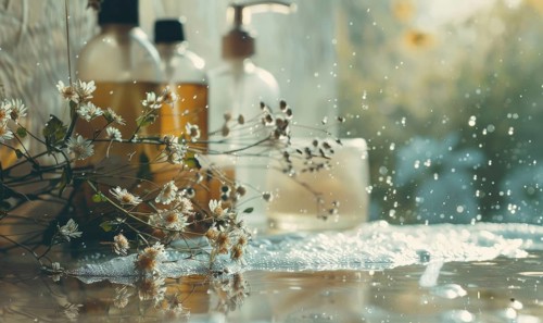 Cosmetic bottles with flowers in a rustic and misty wellness setting AI generated
