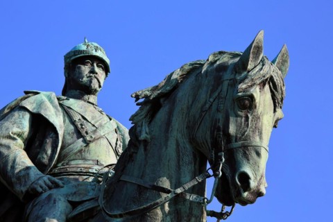 The historic old town centre of Coburg with a view of the equestrian monument to Duke Ernst II.