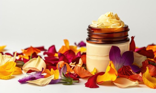 Creme jar blank mockup adorned with flower petals in various hues AI generated