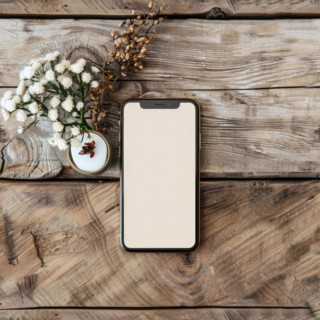 Smartphone mockup with a blank screen on a rustic wooden table background AI generated