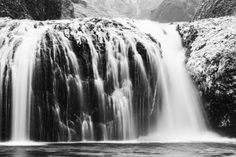 Stjornarfoss waterfall, near Kirkjubaejarklaustur, black and white photo, Sudurland, Iceland,