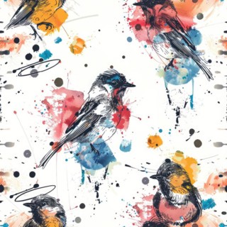Seamless watercolor pattern with bold bird illustrations and abstract strokes AI generated