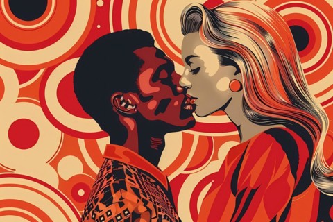 A romantic couple embracing, partially silhouetted against a background of graphic circles,