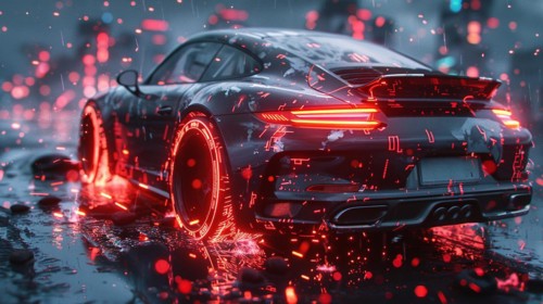 Classic german 2 door coupe Sports car under neon city lights in the rain with reflections on the