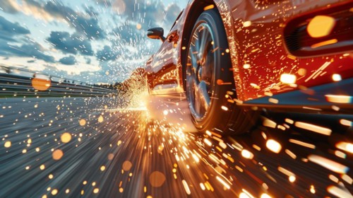 A muscle car with glowing brakes speeding on a road emitting vibrant spark trails, low ultra wide
