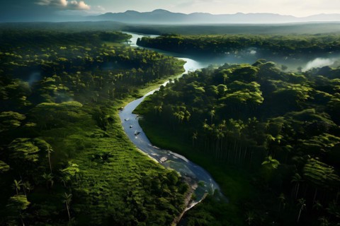 Satellite image style view of a shrinking rainforest bordered by cleared land for agriculture, AI