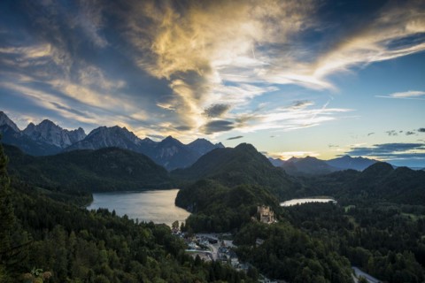 Hohenschwangau Castle, foehn storm, sunset, near Fuessen, Ostallgaeu, Allgaeu, Bavaria, Germany,