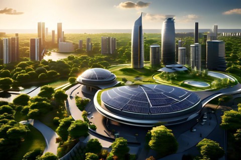 Conceptual futuristic sustainable city replete with green rooftops and integrated solar panels, AI