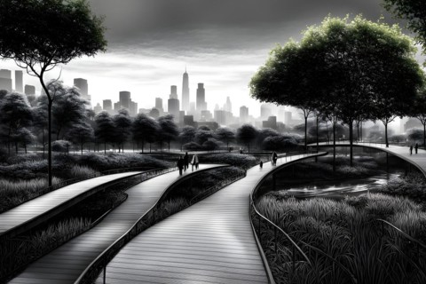 Cityscape designed with pedestrian priority elevated walkways intersect with verdant greenbelts, AI