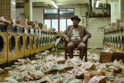 A man in an elegant suit sits relaxed on a chair, surrounded by washing machines and bundles of