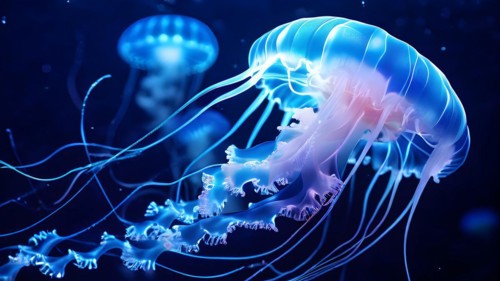 Deep sea jellyfish glowing with bioluminescence intricate patterns illuminating the dark sea, AI