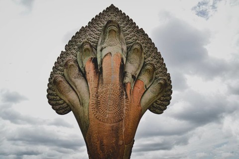 Seven heads Naga mythical creature sculpture in Angkor Wat in Siem reap, Cambodia, Asia