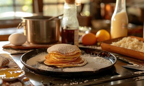 A stack of fluffy pancakes on a rustic plate with syrup pouring and powdered sugar AI generated