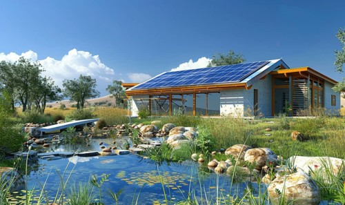 Modern open concept house with solar panels beside a rocky pond in a lush landscape AI generated