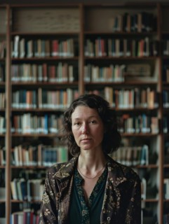Contemplative woman standing in front of bookshelves in a library, AI generated
