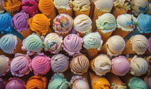 Colorful assortment of ice cream cones on the shop showcase. Colorful ice cream background AI