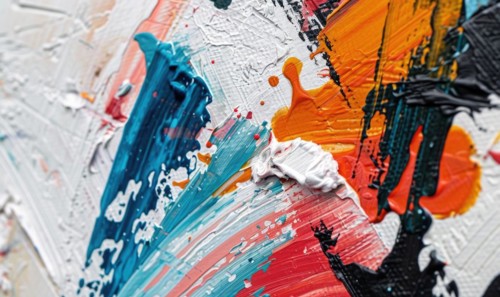 Multicolored brush stroke artwork with a mixture of thick and thin strokes on a white surface,