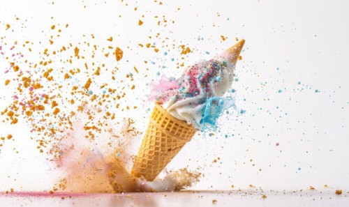 Ice cream cone explosion on white background AI generated