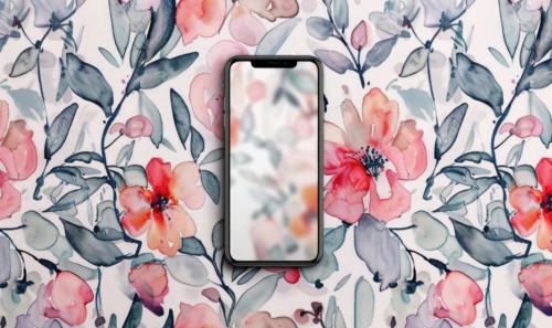 Smartphone mockup on watercolor floral patter AI generated