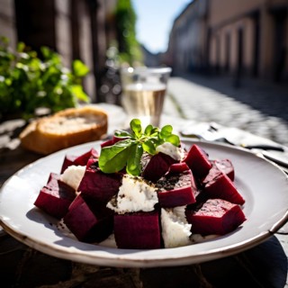 Beetroot and goat cheese salad arranged on a rustic cafe table, AI generated