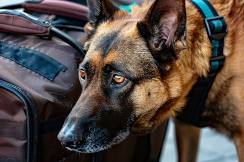 Close up of German Shepherd dog with luggage, KI generiert, generiert, AI generated