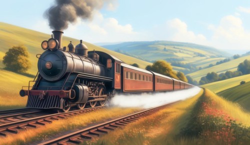 Vintage steam engine train chugging through a pastoral countryside landscape, ai generated, AI