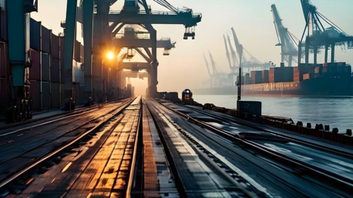 Seaport cranes welcoming arms at twilight, AI generated