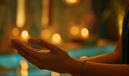 Hand with water droplets against a backdrop of tealight candles, mirroring a tranquil feeling AI